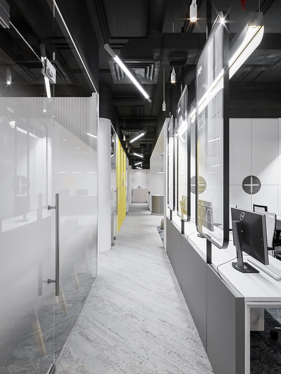 Hành lang văn phòng, sử dụng vách kính để phân chia không gian và đảm bảo riêng tư