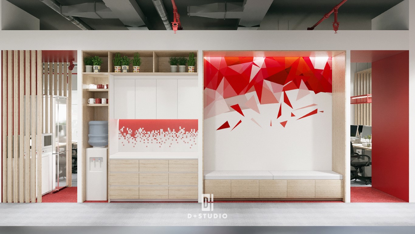 Sử dụng màu đỏ tạo điểm nhấn trong trang trí tường khu vực pantry phòng họp tạo ra hiệu ứng thị giác thu hút, truyền thêm năng lượng trong mỗi cuộc họp