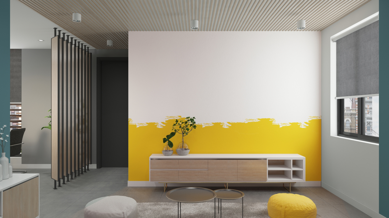 Phòng tiếp khách công ty APP mang đến cảm giác thoải mái, vui vẻ cho khách hàng nhờ sử dụng gam màu vàng trên tường và ghế ngồi