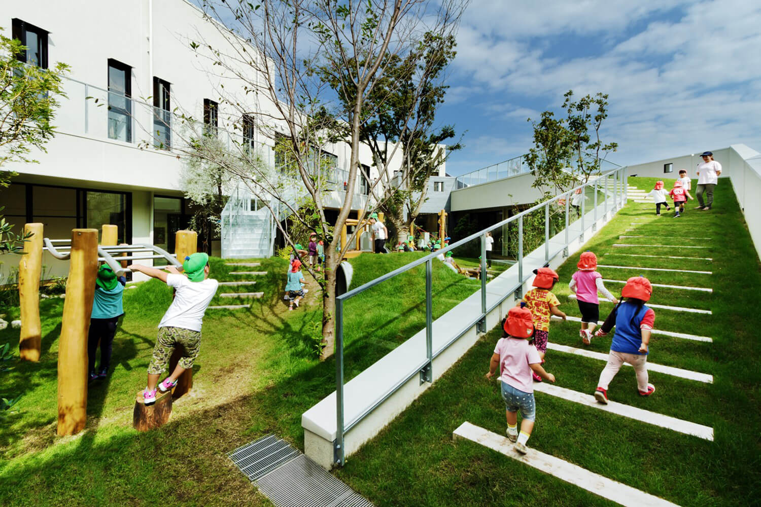 Khuôn viên cây xanh giáo dục trẻ có các hoạt động thực hành như trồng cây, trồng rau bảo vệ môi trường